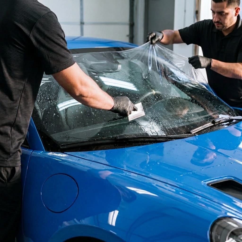 Windshield PPF shown on a protected vehicle